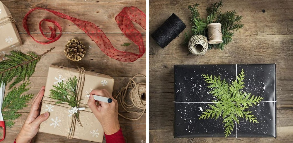 Упаковка подарка: ленты, бумага, веточки