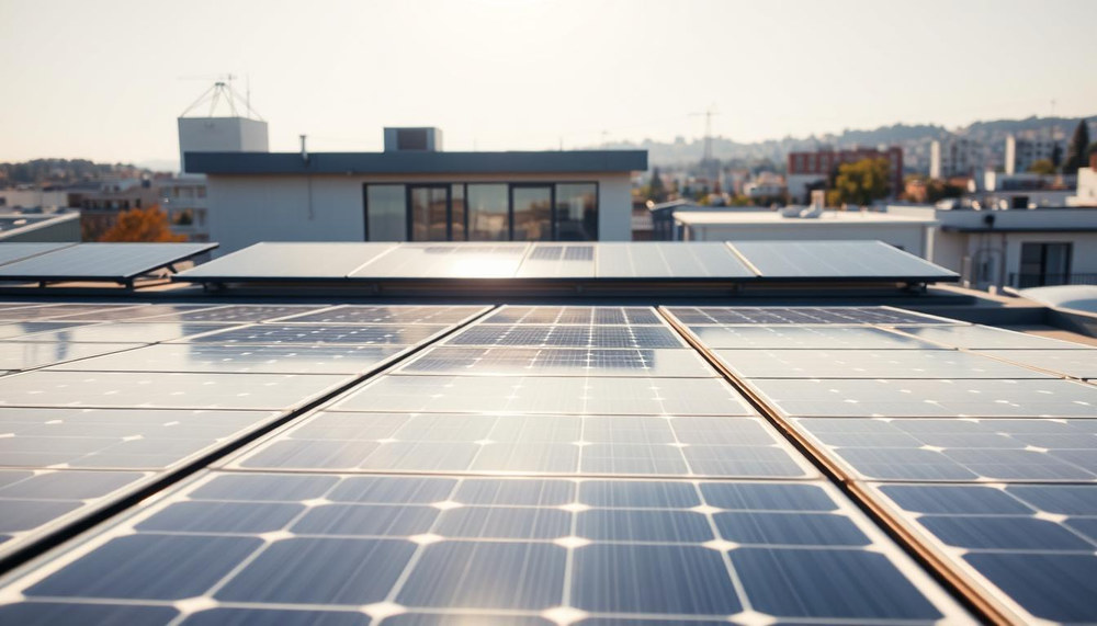 A photorealistic scene of a small business's solar power station, with rooftop panels capturing the sun's rays. The setup is standard, no fantasy elements, in natural colors and accurate details. In the foreground, sleek solar modules are neatly arranged, their surfaces reflecting the bright sky. In the middle ground, the building's facade is visible, blending modern architecture with the renewable energy technology. The background showcases a typical urban or suburban landscape, highlighting the integration of this sustainable energy solution into the local environment. The overall mood is one of efficiency, innovation, and a commitment to lowering operational costs through renewable power.